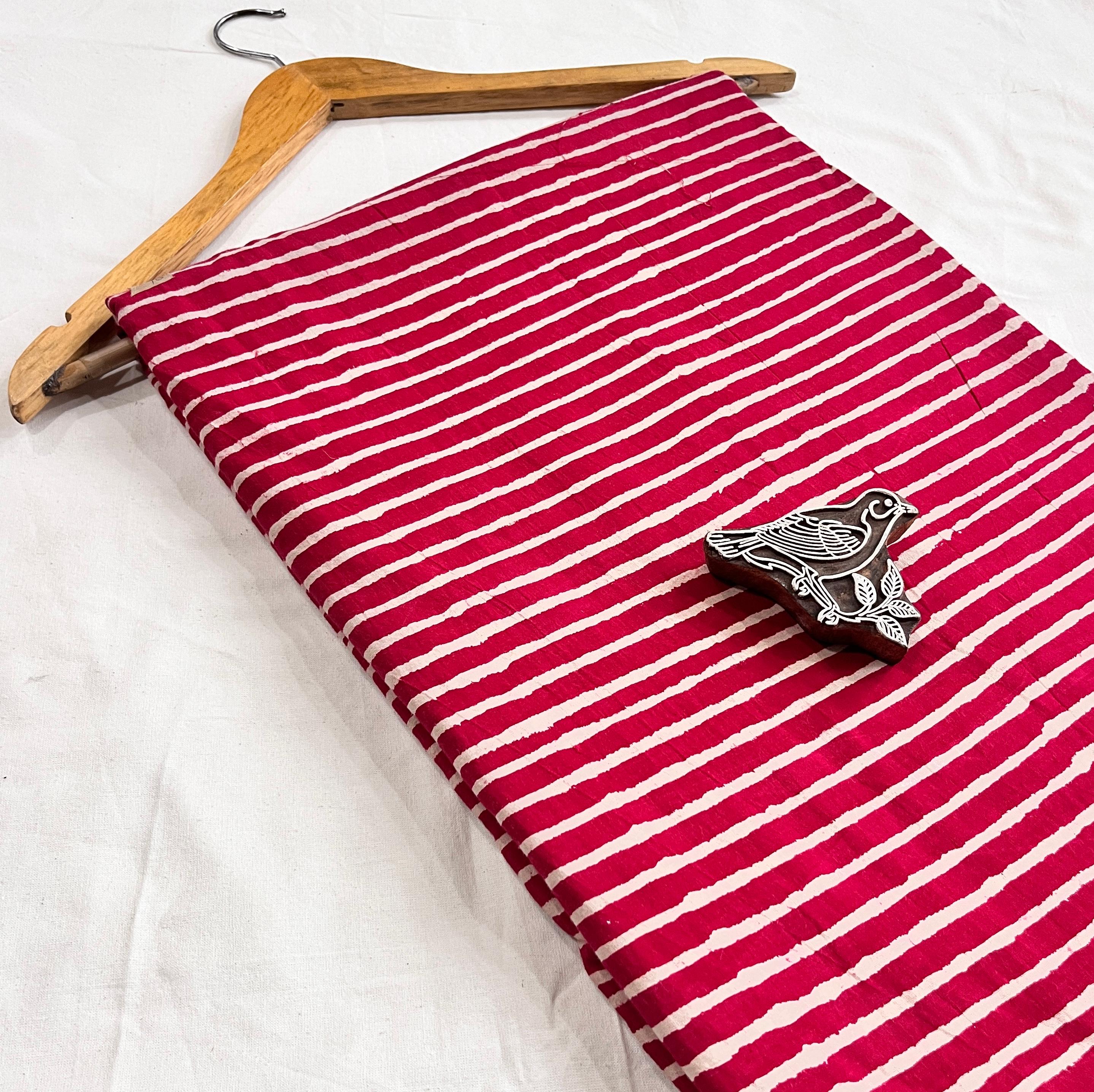 Red stripes Dabu handblock printed pure cotton fabric, traditional mud resist design for bulk sourcing